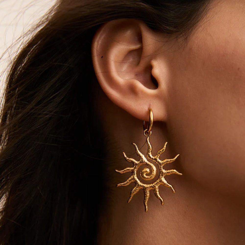 Anthropologie Gold Sunburst Hoop Drop Earrings